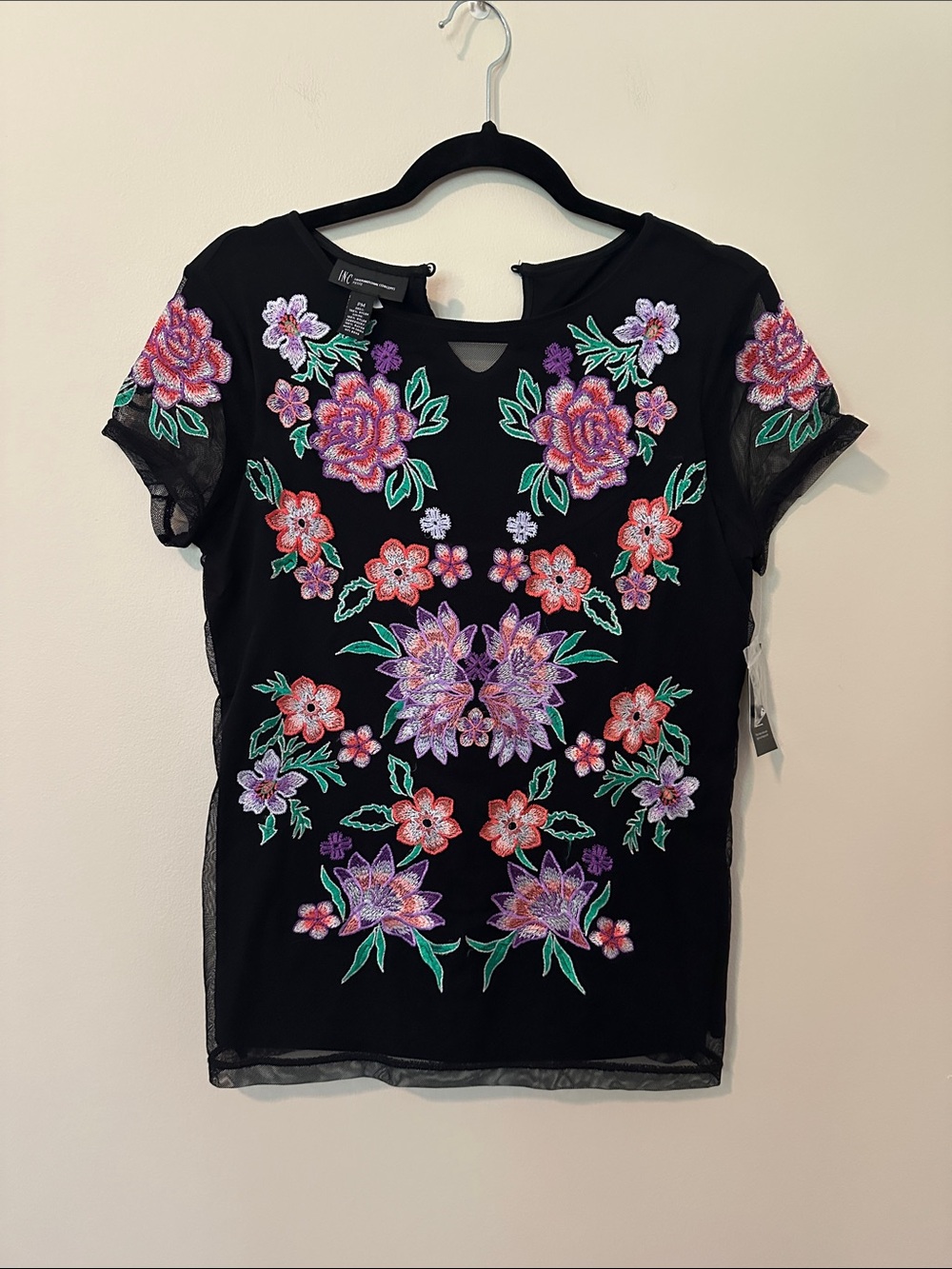 INC International Concepts Black Short Sleeve Tee with Floral Embroidery